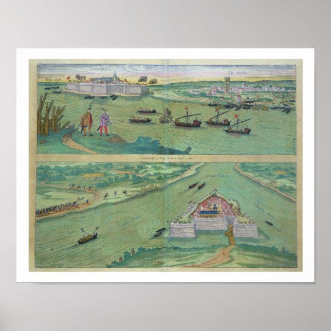 Zwei Ausblicke auf Comorra, von "Civitates Orbis T Poster (Vorne)
