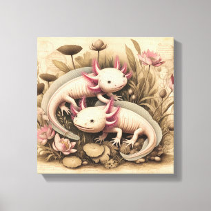 Zwei Axolotl mit vintage botanischem Touch Leinwanddruck