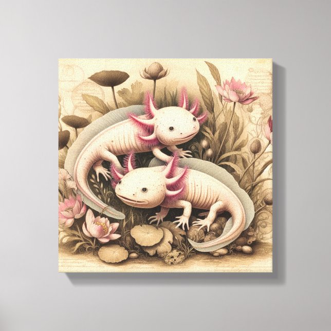 Zwei Axolotl mit vintage botanischem Touch Leinwanddruck (Vorderseite)