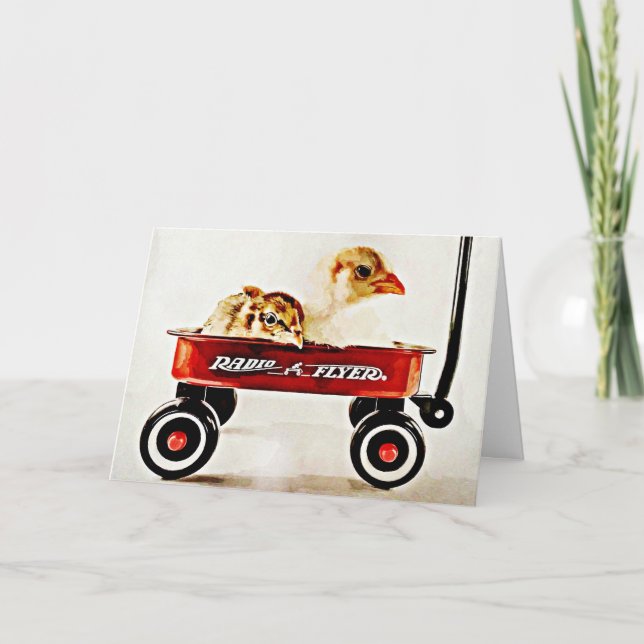 Zwei Baby Chicks in Red Wagon Karte (Vorderseite)