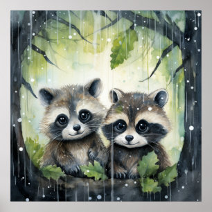 Zwei Baby-Waschbären im Regen Poster