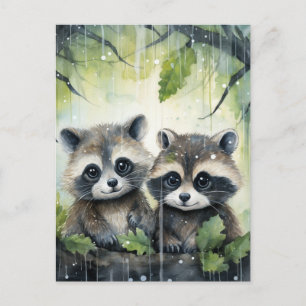 Zwei Baby-Waschbären im Regen Postkarte