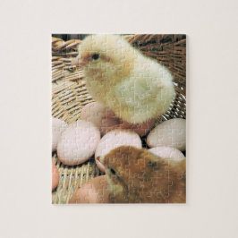 Zwei Babyhühner in einem Korb mit Eiern Puzzle