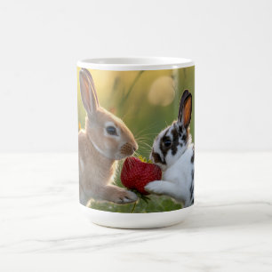 Zwei Babykaninchen teilen sich eine große reife Er Kaffeetasse