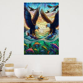 Zwei Bald-Adler fangen Fisch über einen pulsierend Poster