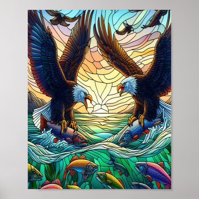 Zwei Baldadler fangen Fisch über Wasser 8x10 Poster (Vorne)