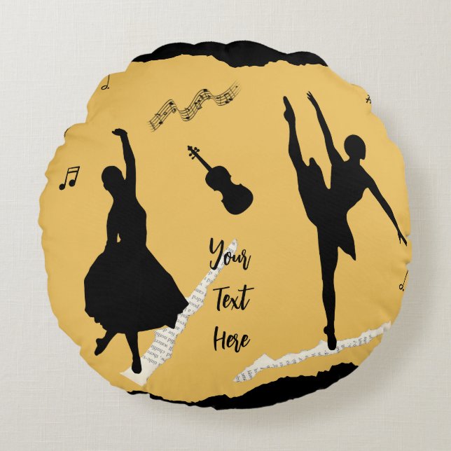 Zwei Balletttänzer und Musik in goldener Beige Far Rundes Kissen (Vorderseite)