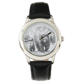 Zwei Bären, Mutter und Baby, wandern entlang einer Armbanduhr