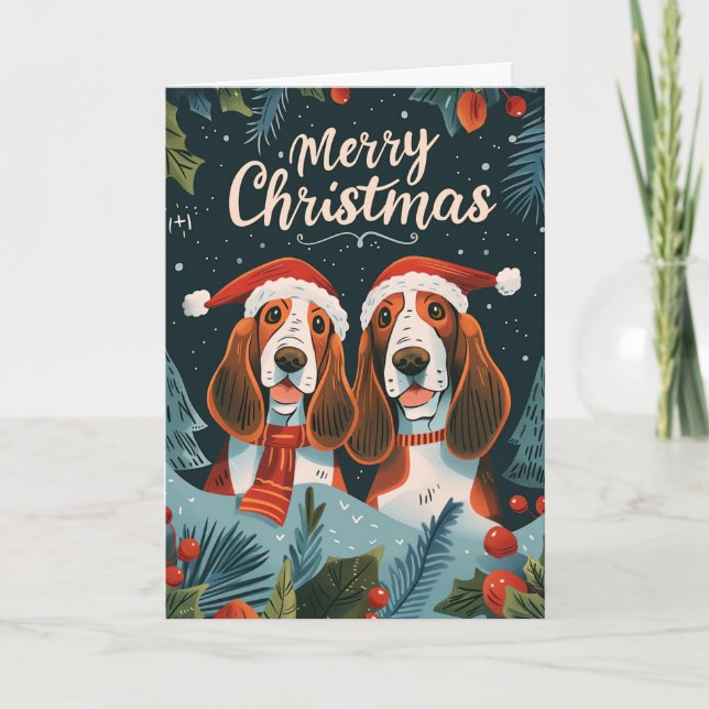 Zwei Basset Hound Frohe Weihnachten Personalisiert (Vorderseite)