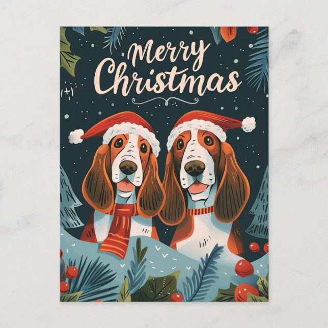 Zwei Basset Hound Frohe Weihnachten Postkarte (Vorderseite)