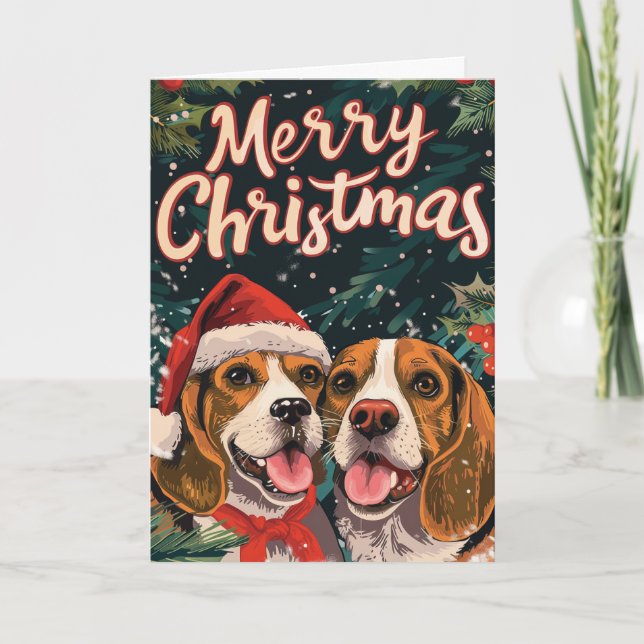Zwei Beagle Frohe Weihnachten Personalisiert (Vorderseite)