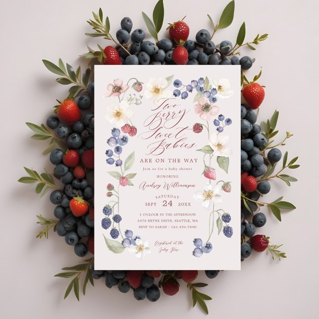 Zwei Berry Sweet Babies Berries & Blume Dusche Einladung (Two Berry Sweet Babies Berries & Flowers Shower Invitation)