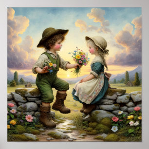 Zwei bezaubernde vintage Munchkins in Landkleidung Poster