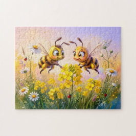 Zwei Bienen bestäuben Raps in einer Comic-Illustra Puzzle