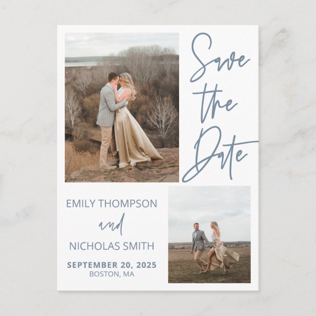 Zwei Bilder Save the Date Postkarte in Dusty Blue (Vorderseite)