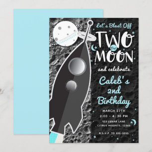 ZWEI BIS ZUM MOND Raketenschiff Weltraum 2. Geburt Einladung