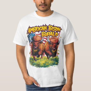 Zwei Bison Stehend vor amerikanischer Flagge T-Shirt