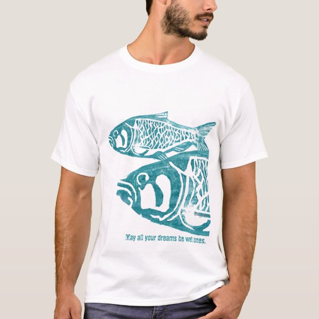 Zwei blaue Fische Lino Block-Druck-T-Shirts T-Shirt (Vorderseite)