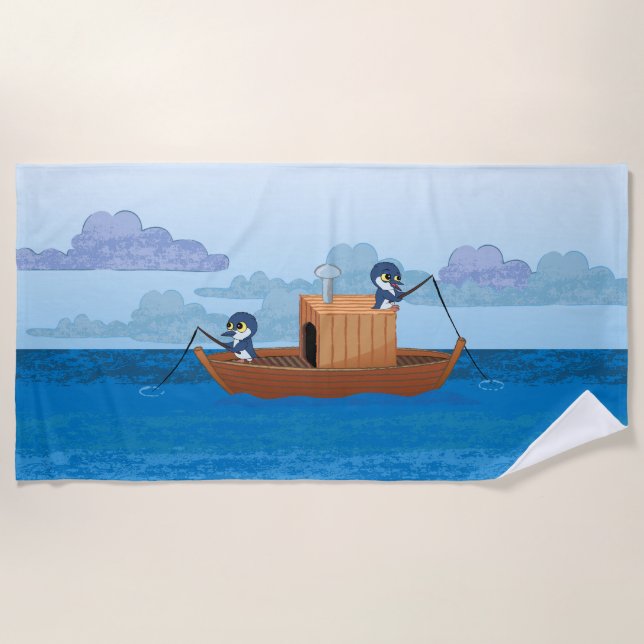 Zwei blaue Pinguine fischen Strandtuch (Vorderseite)