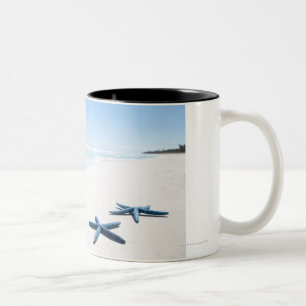 Zwei blaue Starfish am Rand des Wassers auf Zweifarbige Tasse