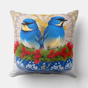 Zwei blaue Vögel unter farbenprächtigen Blüten Kissen