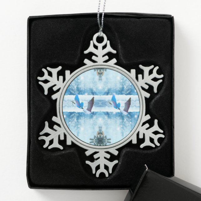 Zwei blaue Weihnachtsgans-Ornamente Schneeflocken Zinn-Ornament (Box)