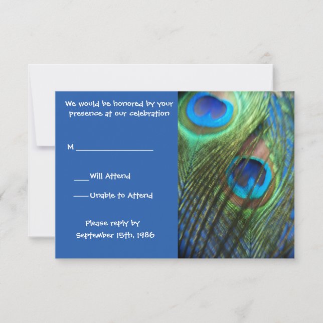 Zwei Blue Peacock Feathers UAWG RSVP Karte (Vorderseite)