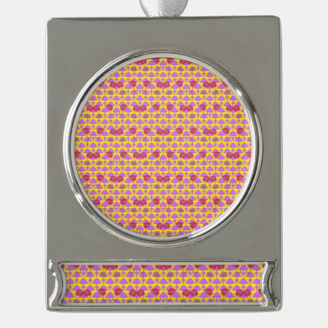 Zwei Blumenrosen Banner-Ornament Silber (Vorderseite)