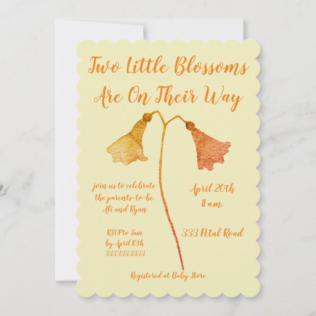 Zwei Blüten Orange Blume Twins Kinderdusche Einladung (Vorderseite)