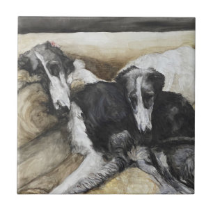 Zwei Borzoi Russische Wolfhound Hunde Keramik Tile Fliese