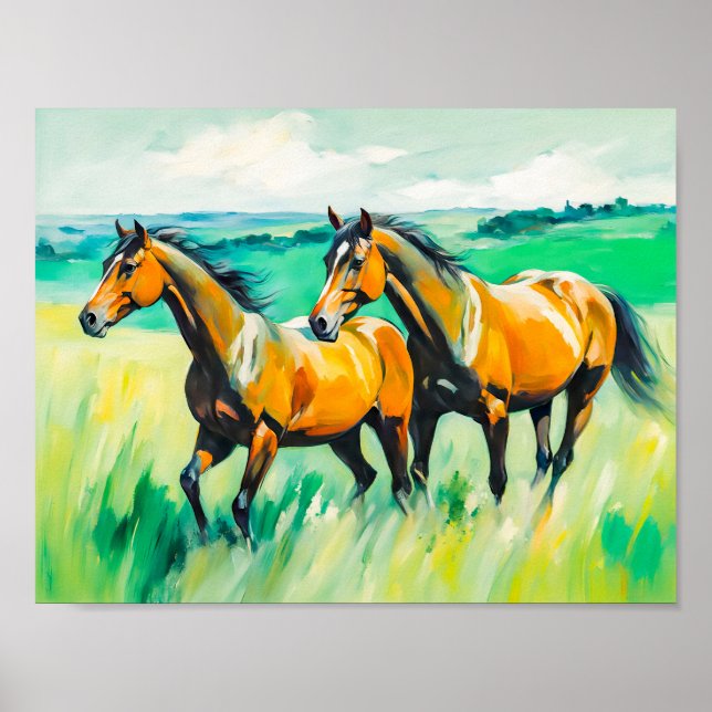 Zwei braune Pferde, die über die grüne Wiese laufe Poster (Vorne)