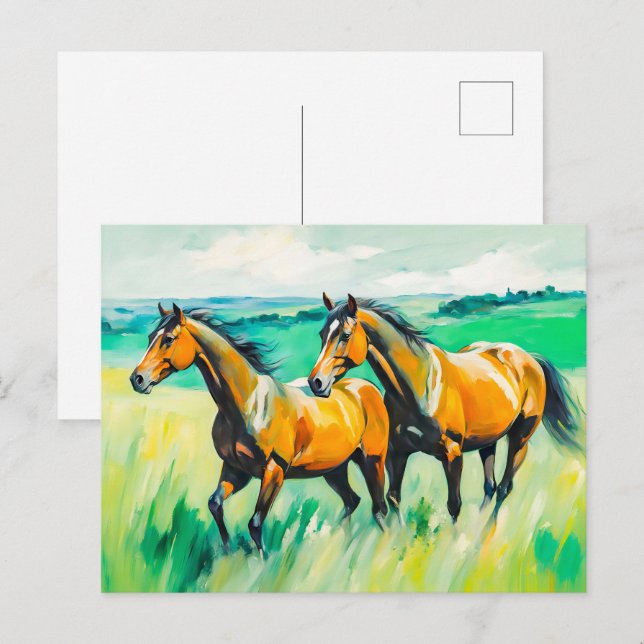 Zwei braune Pferde, die über die grüne Wiese laufe Postkarte (Vorne/Hinten)