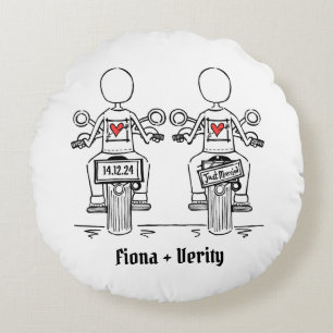 Zwei Brides Biker Motorrad Hochzeit Rundes Kissen