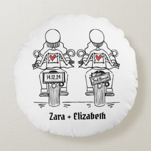 Zwei Brides Biker Motorrad Hochzeit Rundes Kissen