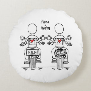 Zwei Brides Biker Motorrad Hochzeit Rundes Kissen