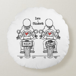Zwei Brides Biker Motorrad Hochzeit Rundes Kissen