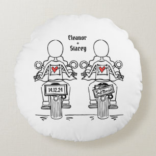 Zwei Brides Biker Motorrad Hochzeit Rundes Kissen