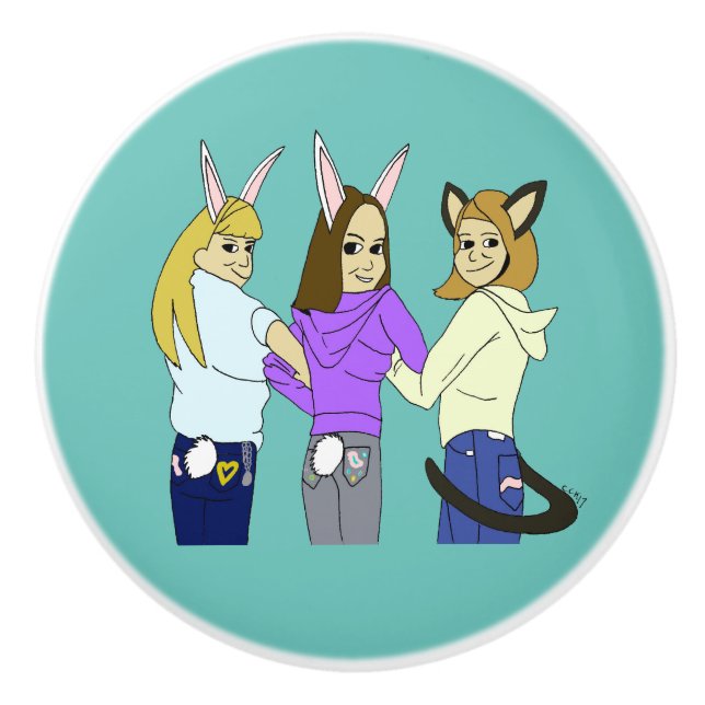 Zwei bunnies und ein Kätzchen Keramikknauf (Vorderseite)