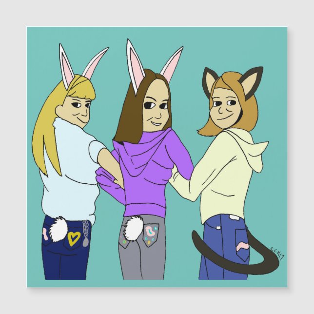 Zwei bunnies und ein Kätzchen Magnetkarte (Vorderseite)