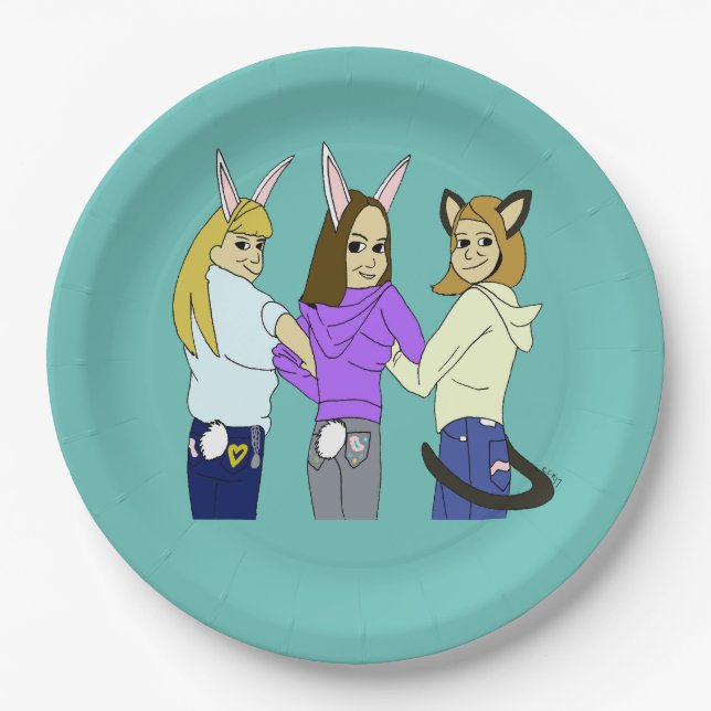 Zwei bunnies und ein Kätzchen Pappteller (Vorderseite)
