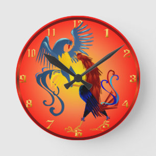 Zwei bunte kämpfende Hähne Wallclock Runde Wanduhr