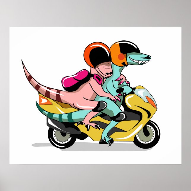 Zwei Cartoon-Raptoren fahren mit einem Motorroller Poster (Vorne)
