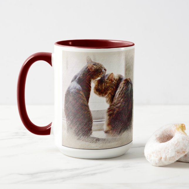 Zwei Cats Maroon Zwei-Töne Hot Beverage Tasse (Mit Donut)