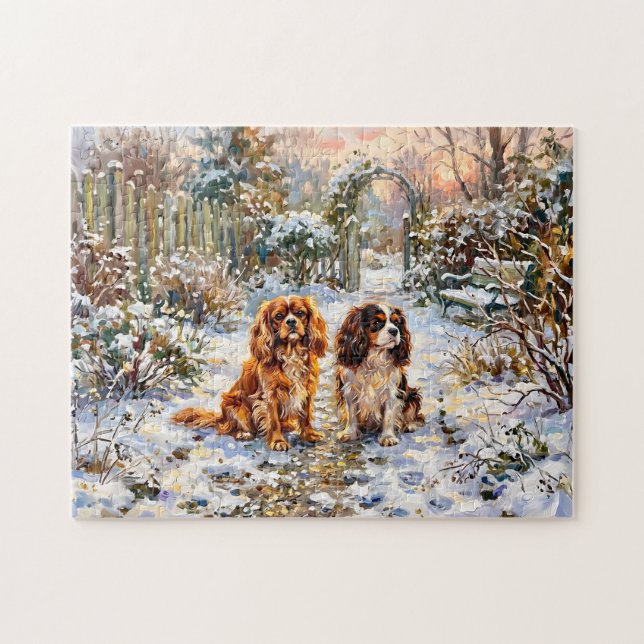 Zwei Cavalier Spaniels auf Winterweg Puzzle (Horizontal)