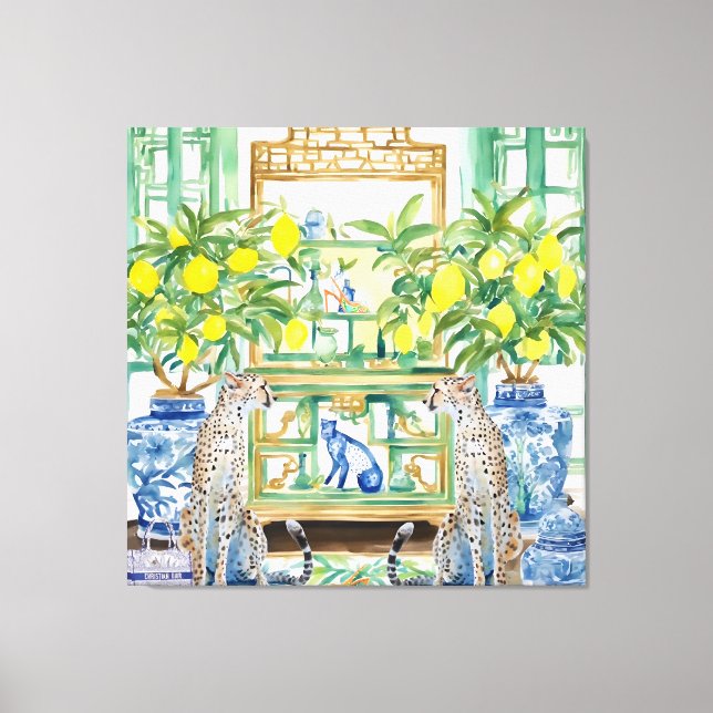 Zwei Cheetahs in chinoiserie Interieur mit Ingwer  Leinwanddruck (Vorderseite)
