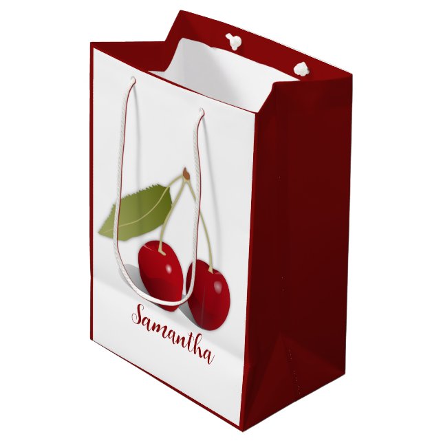 Zwei Cherries Design-Geschenktasche Mittlere Geschenktüte (Vorderseite Schrägansicht)