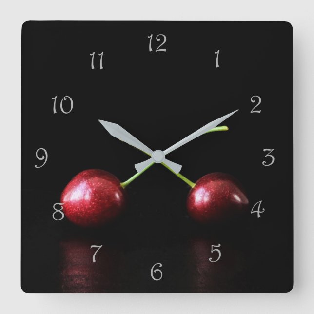 Zwei Cherries Grau-Script-Zahlen wcm Quadratische Wanduhr (Vorderseite)
