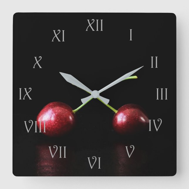 Zwei Cherries Gray Script Roman Numbers wca Quadratische Wanduhr (Vorderseite)
