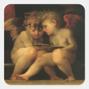 Zwei Cherubim beim Lesen von Rosso Fiorentino, Eng Quadratischer Aufkleber