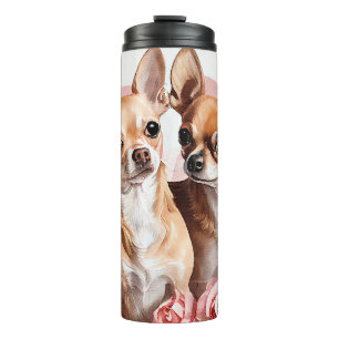 Zwei Chihuahuas mit Blume Liebe Herz Thermosbecher